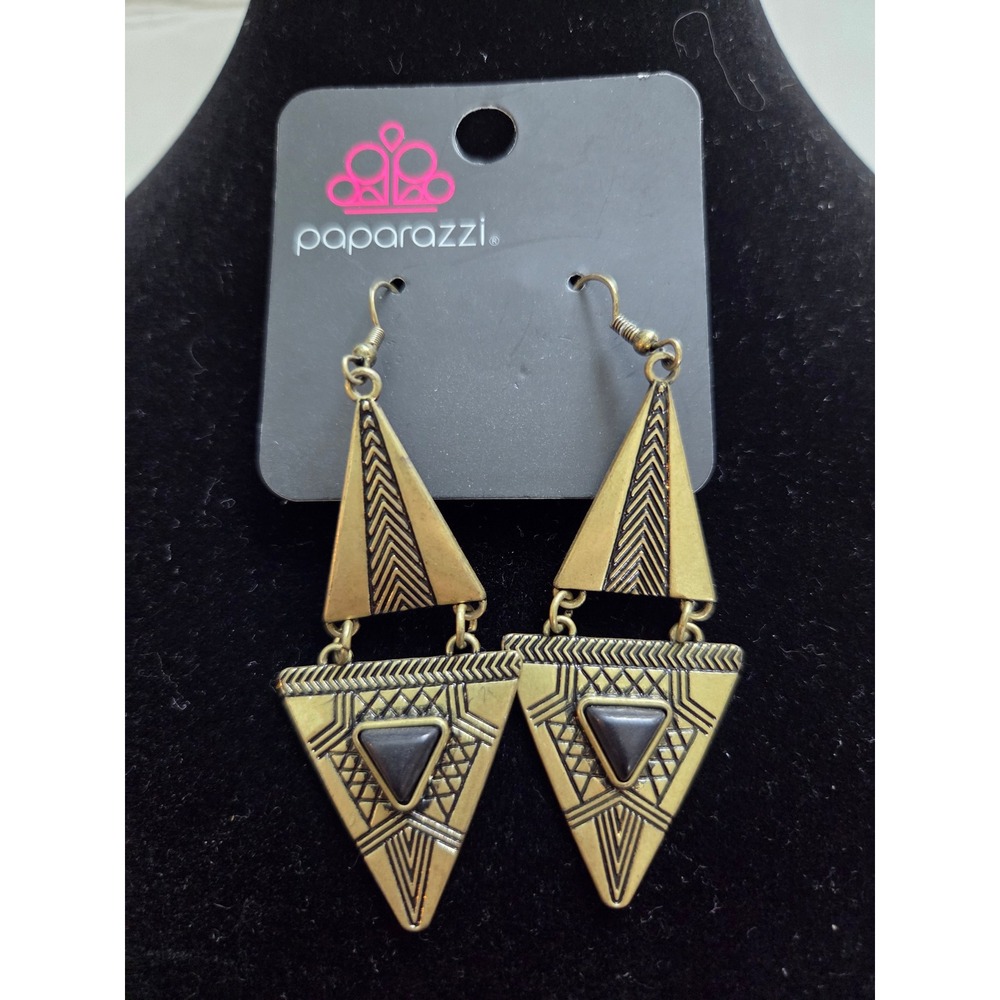 Paparazzi Drop Earrings Womens OS Gold Tone Geometric Tribal Triangle Inlay